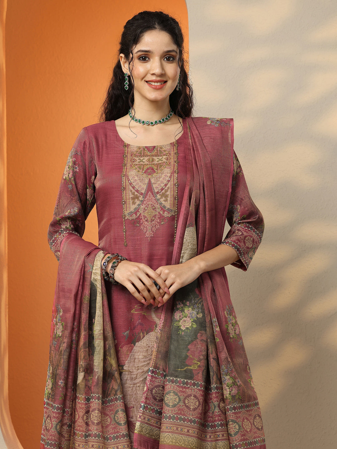 Maroon Printed Silk Blend Straight Suit Set With Dupatta