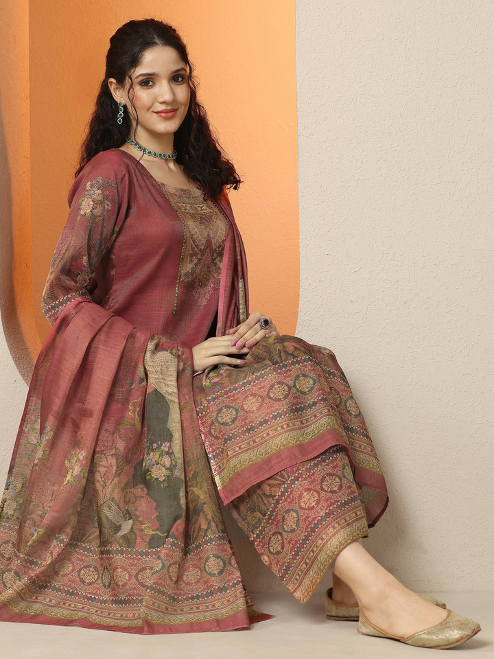 Maroon Printed Silk Blend Straight Suit Set With Dupatta