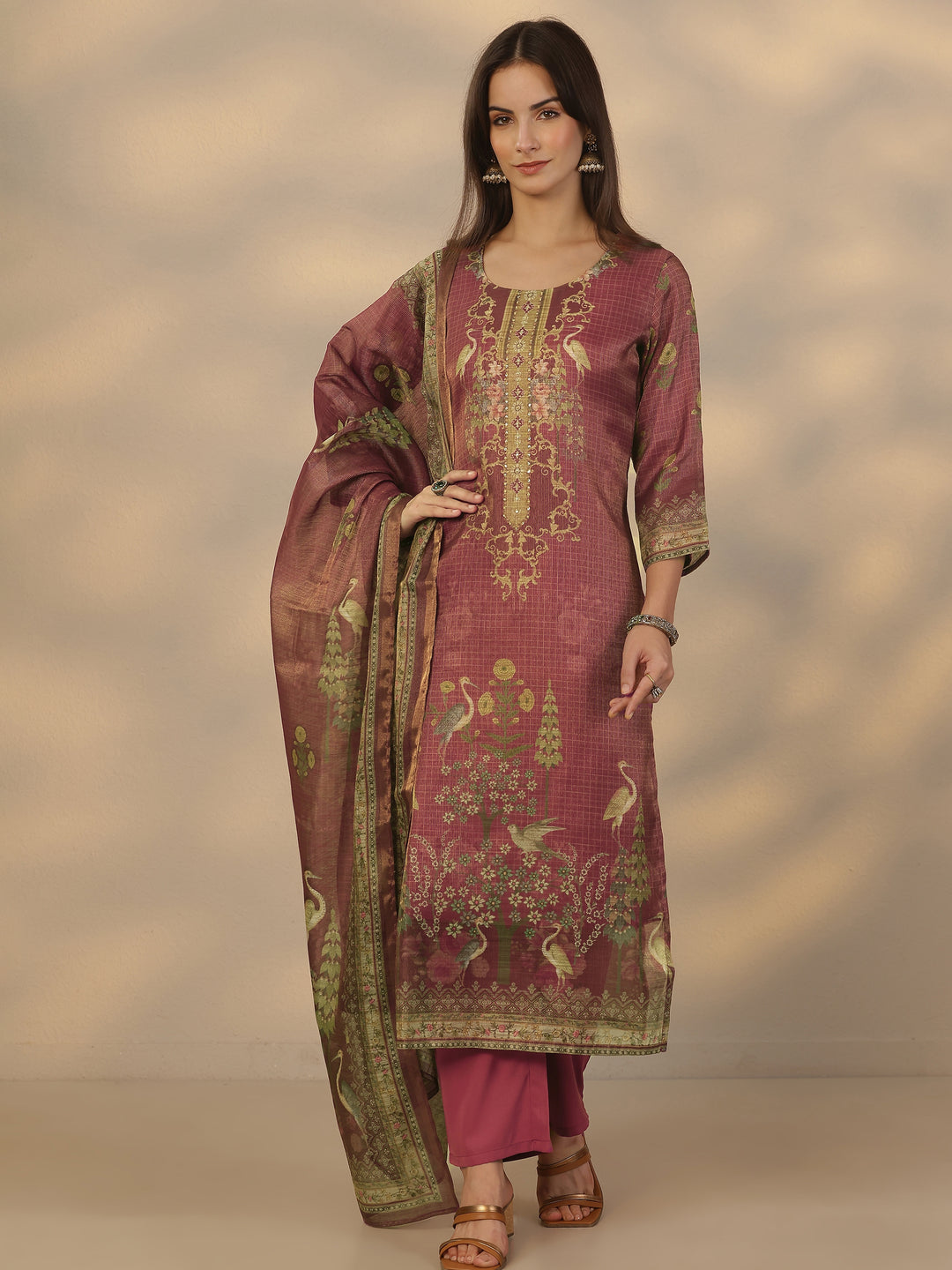 Brown Printed Silk Blend Straight Suit Set With Dupatta