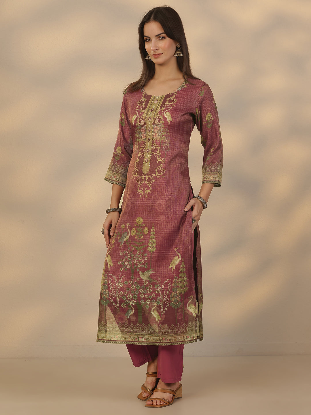 Brown Printed Silk Blend Straight Suit Set With Dupatta