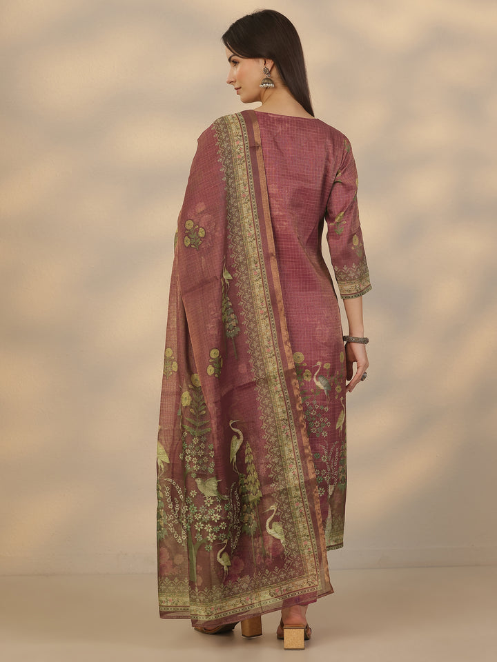 Brown Printed Silk Blend Straight Suit Set With Dupatta