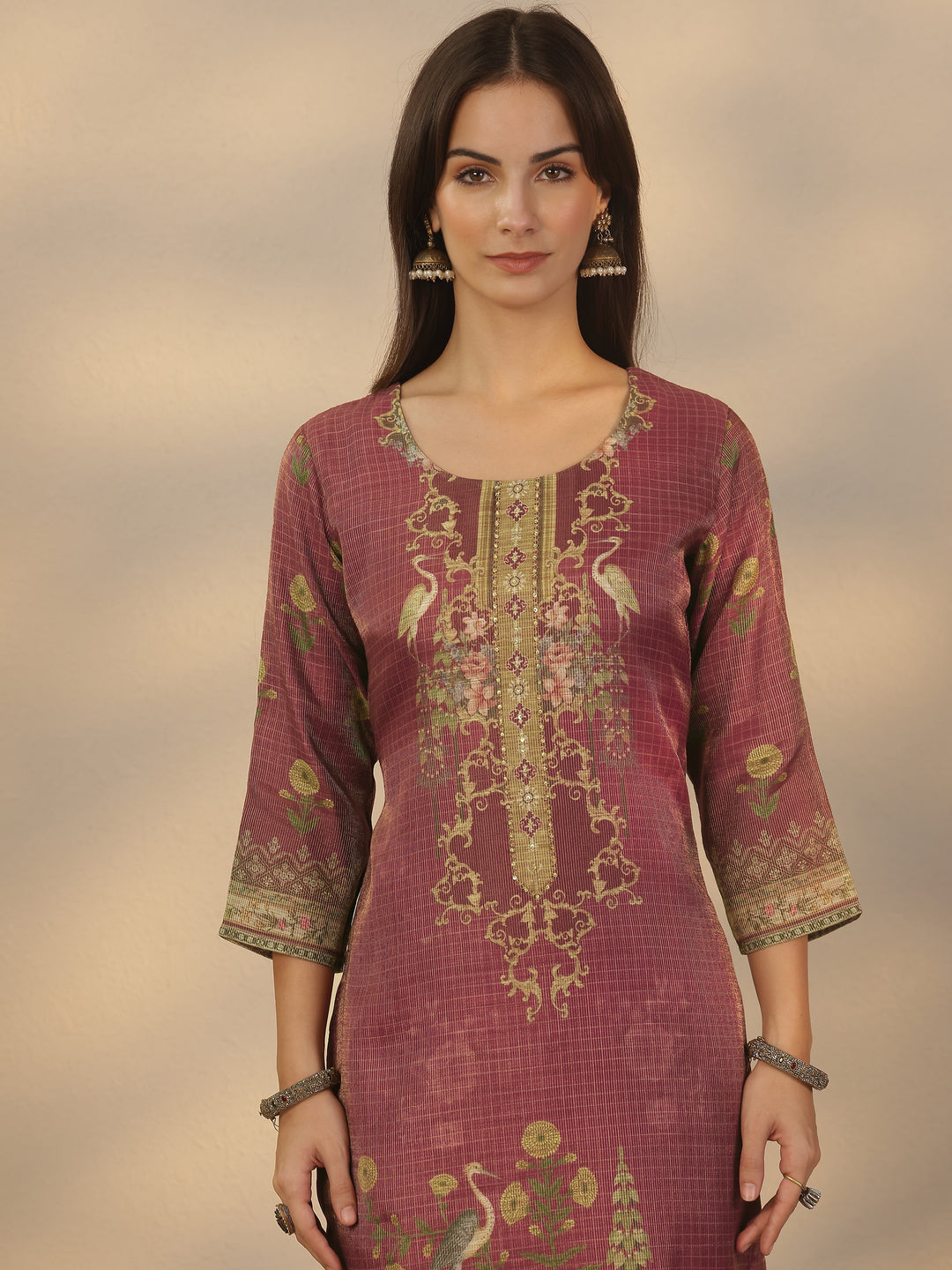 Brown Printed Silk Blend Straight Suit Set With Dupatta