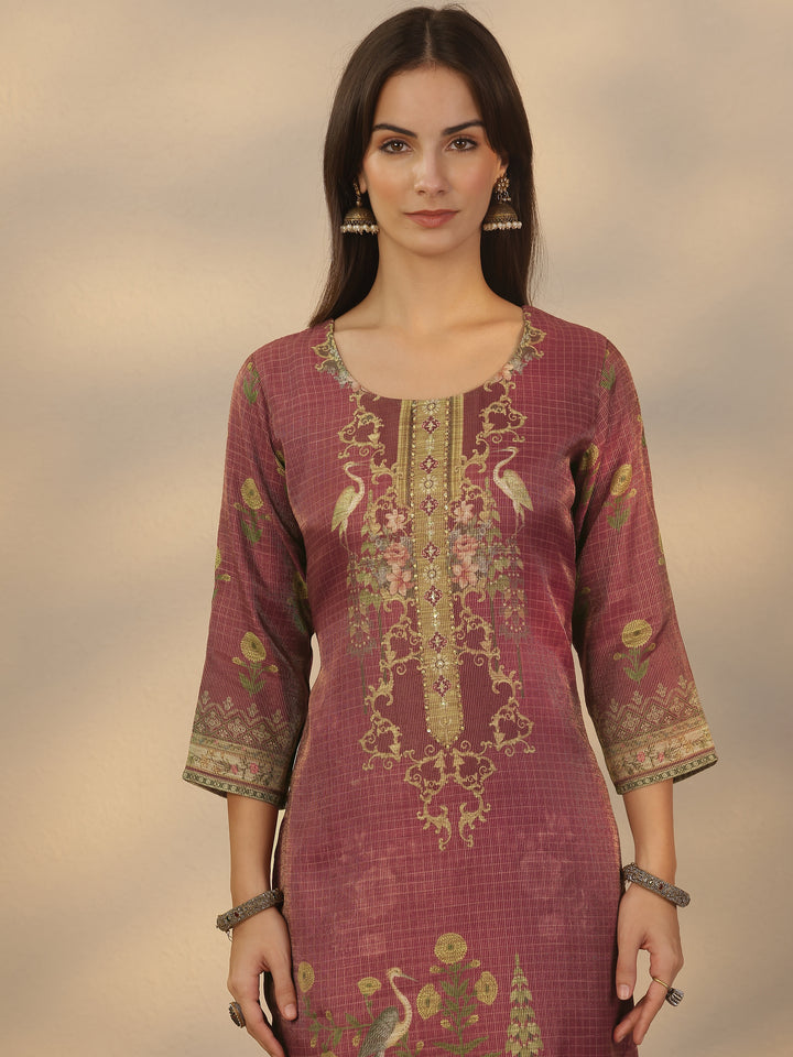 Brown Printed Silk Blend Straight Suit Set With Dupatta