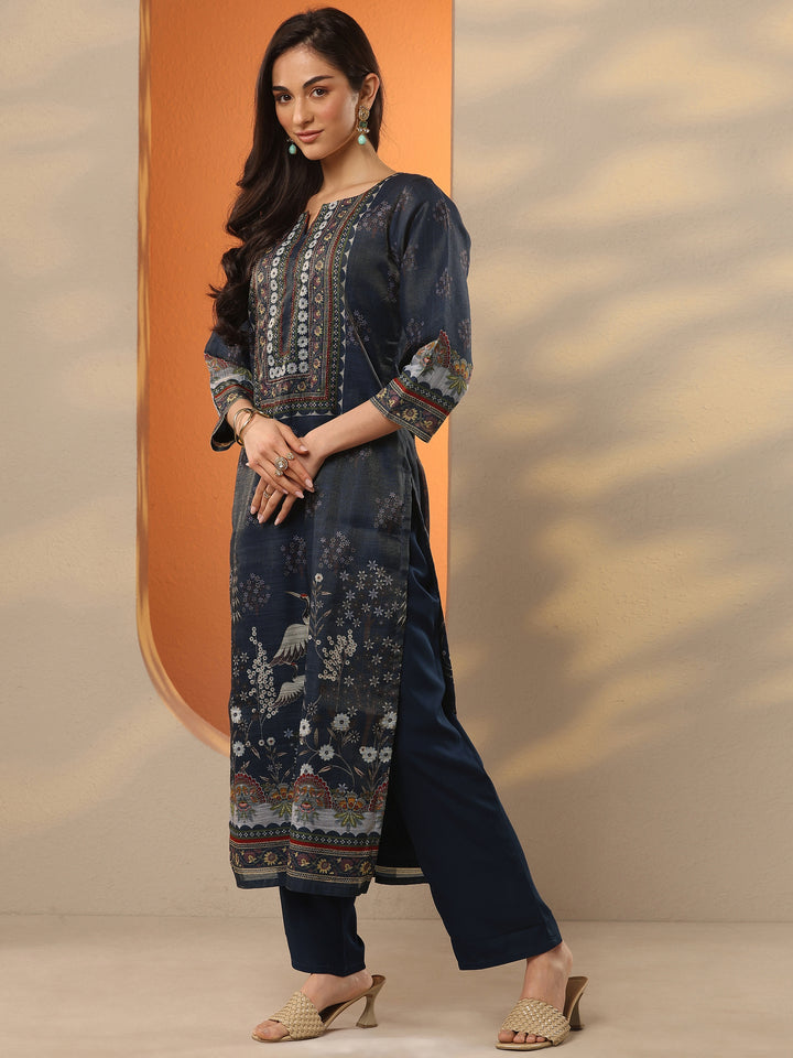 Navy Blue Printed Silk Blend Straight Suit Set With Dupatta