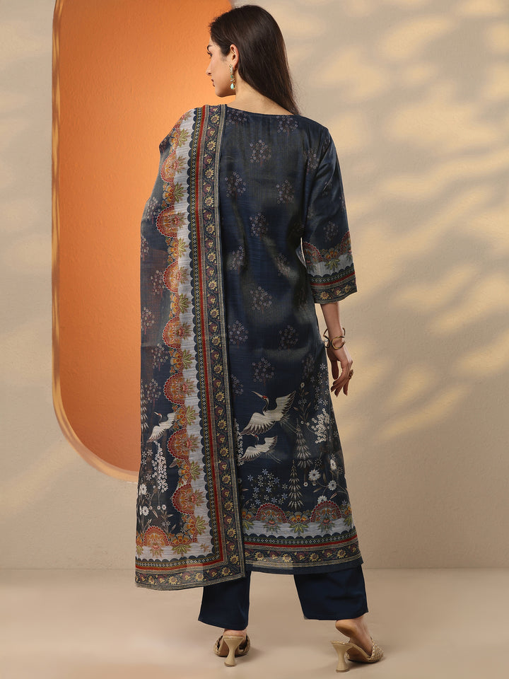 Navy Blue Printed Silk Blend Straight Suit Set With Dupatta
