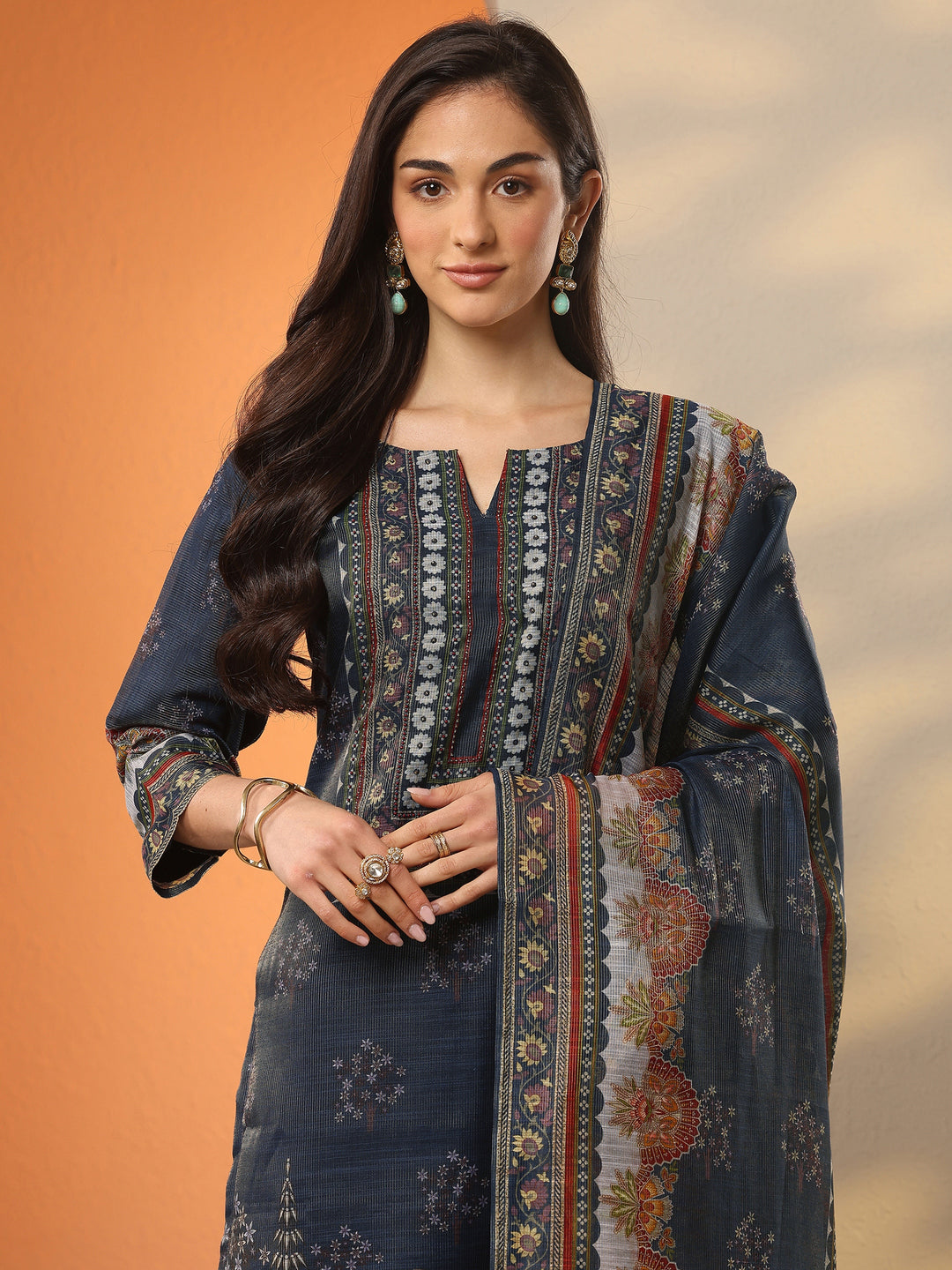 Navy Blue Printed Silk Blend Straight Suit Set With Dupatta
