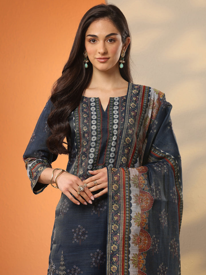 Navy Blue Printed Silk Blend Straight Suit Set With Dupatta