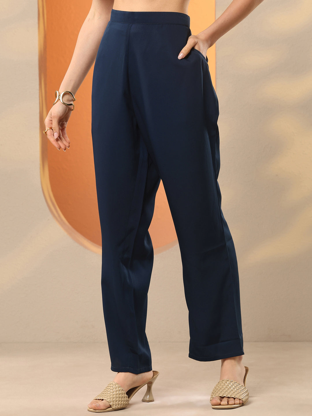 Navy Blue Printed Silk Blend Straight Suit Set With Dupatta