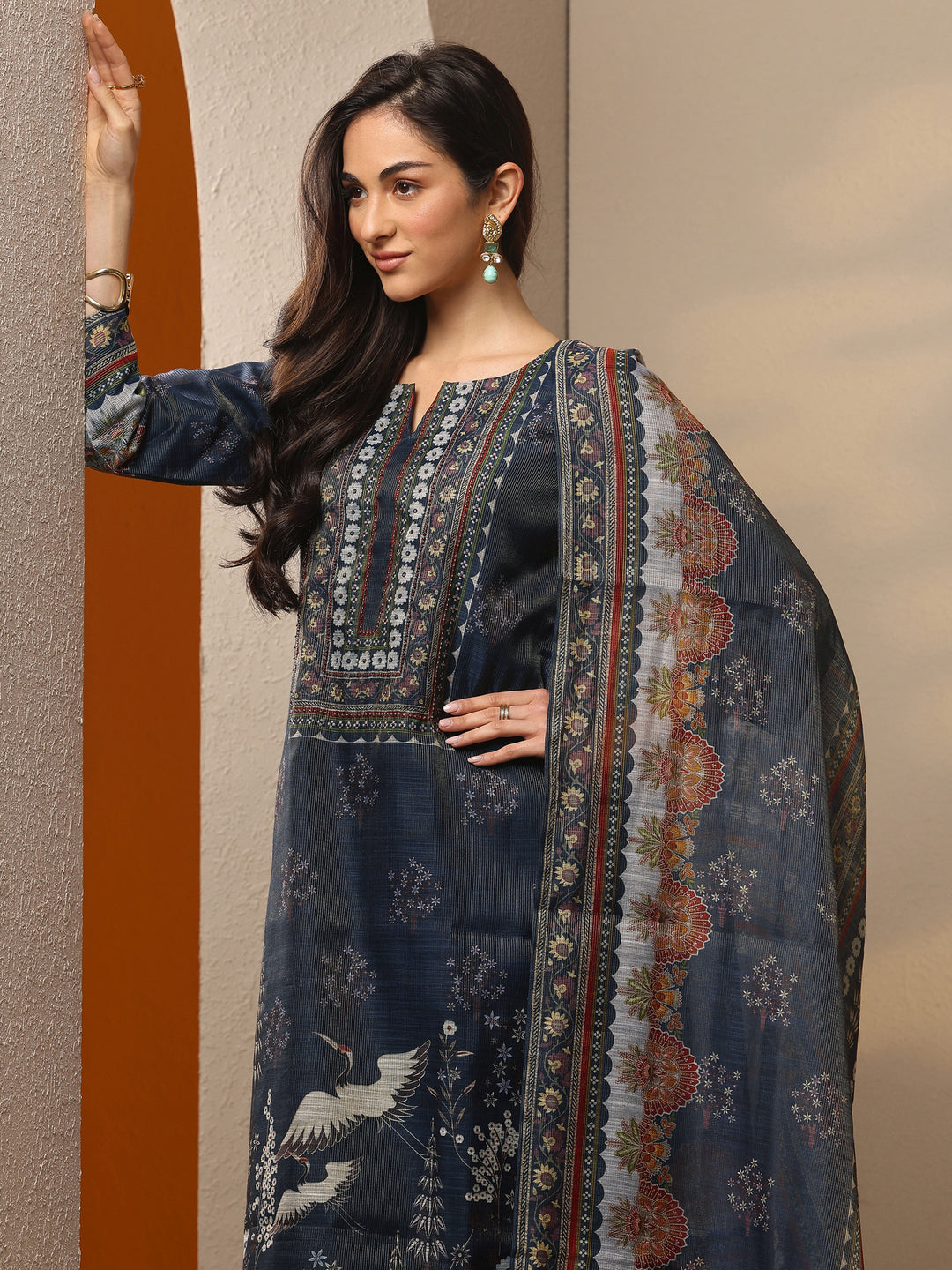 Navy Blue Printed Silk Blend Straight Suit Set With Dupatta