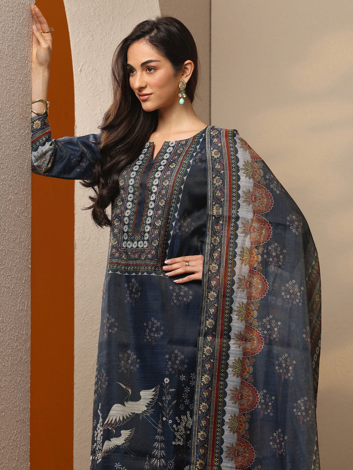 Navy Blue Printed Silk Blend Straight Suit Set With Dupatta