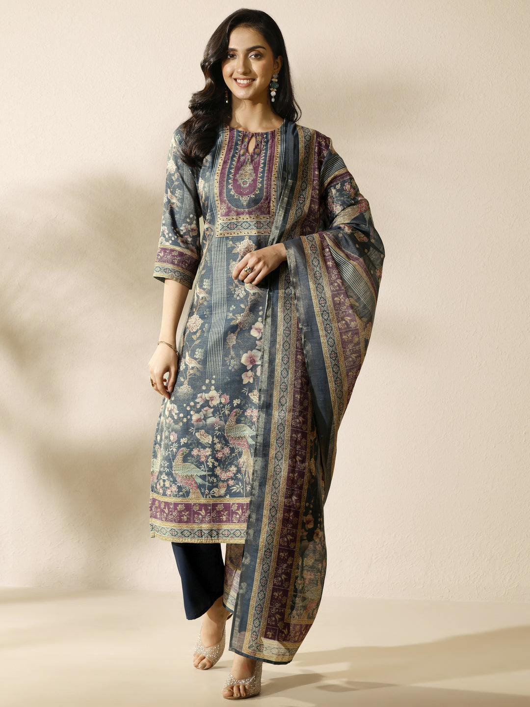 Grey Printed Silk Blend Straight Suit Set With Dupatta