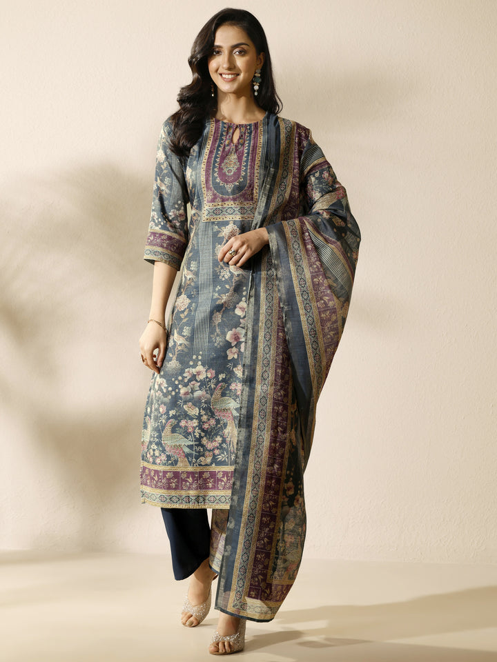Grey Printed Silk Blend Straight Suit Set With Dupatta