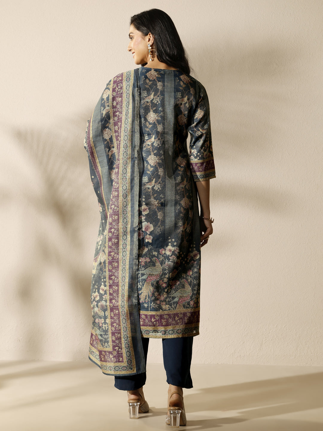 Grey Printed Silk Blend Straight Suit Set With Dupatta
