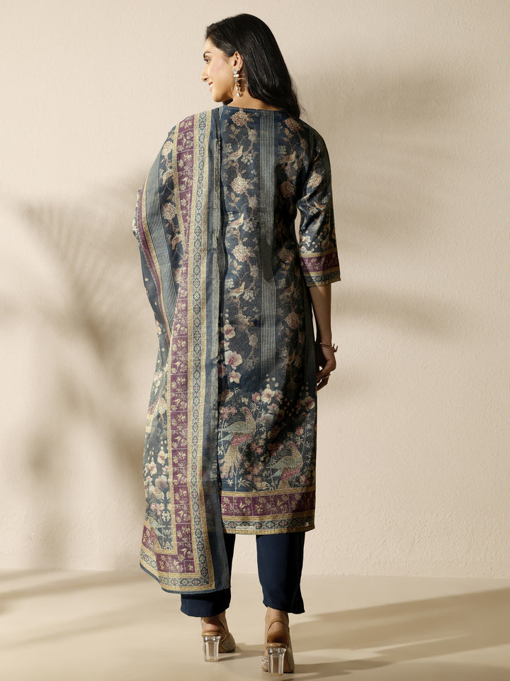 Grey Printed Silk Blend Straight Suit Set With Dupatta