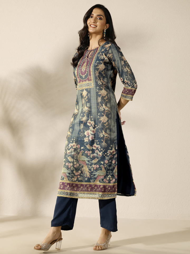 Grey Printed Silk Blend Straight Suit Set With Dupatta