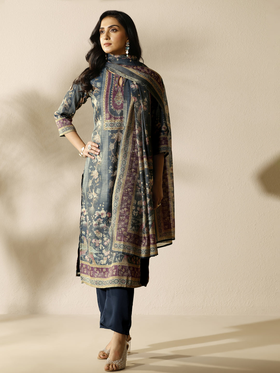 Grey Printed Silk Blend Straight Suit Set With Dupatta