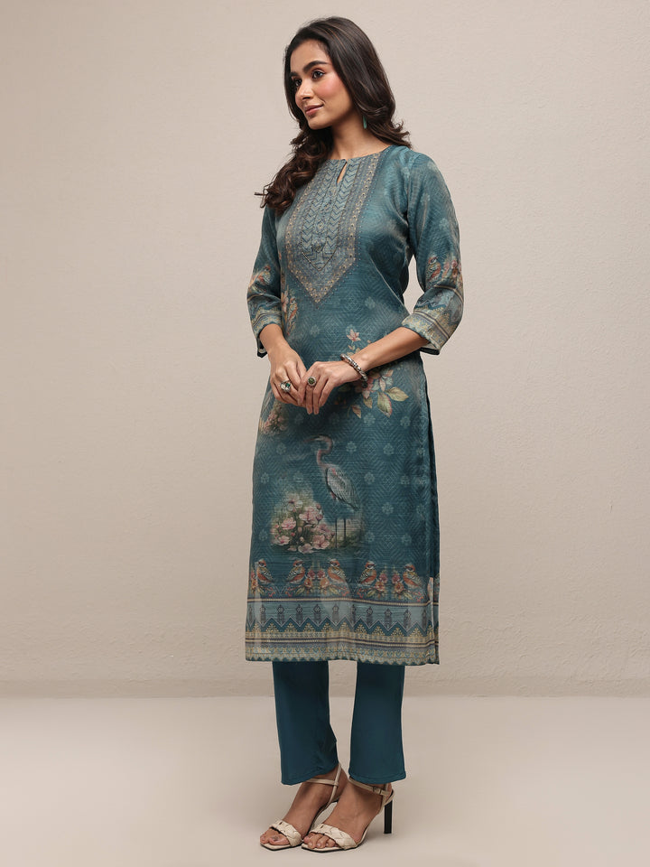 Teal Printed Silk Blend Straight Suit Set With Dupatta