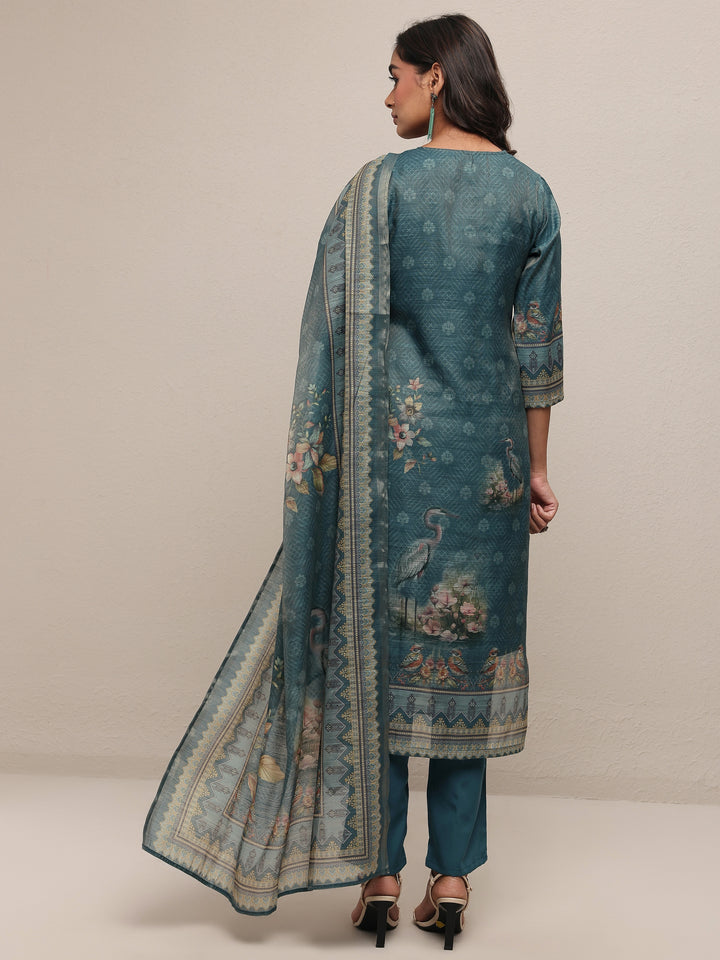 Teal Printed Silk Blend Straight Suit Set With Dupatta
