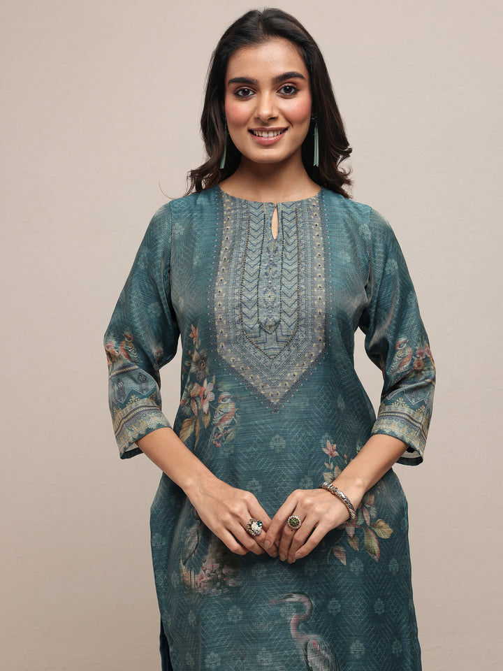 Teal Printed Silk Blend Straight Suit Set With Dupatta