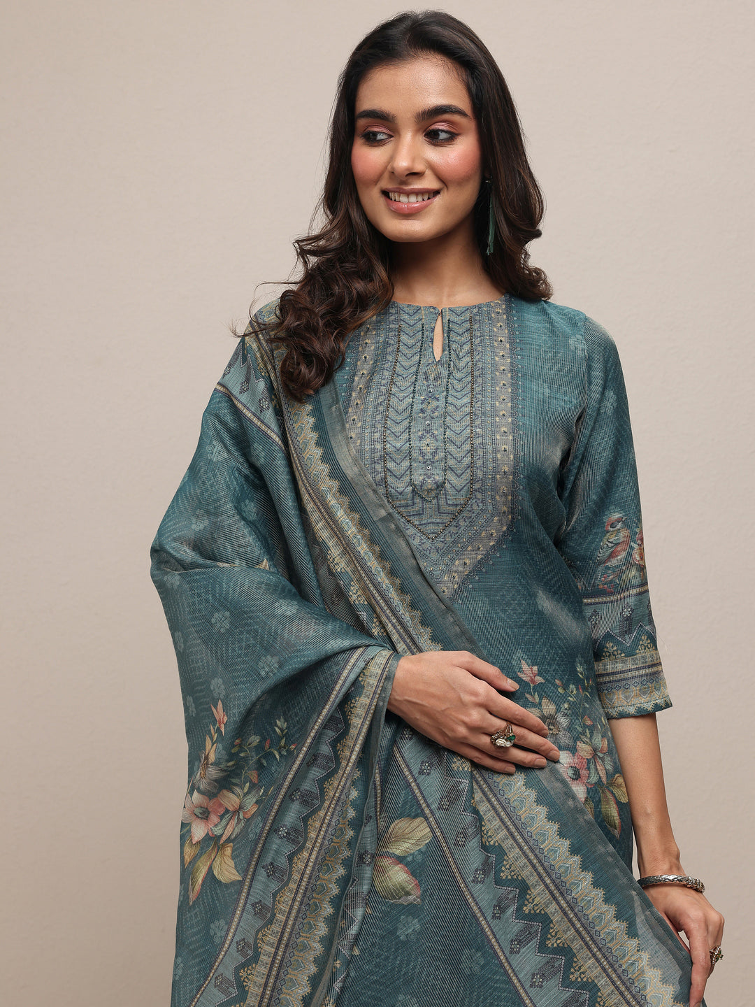 Teal Printed Silk Blend Straight Suit Set With Dupatta