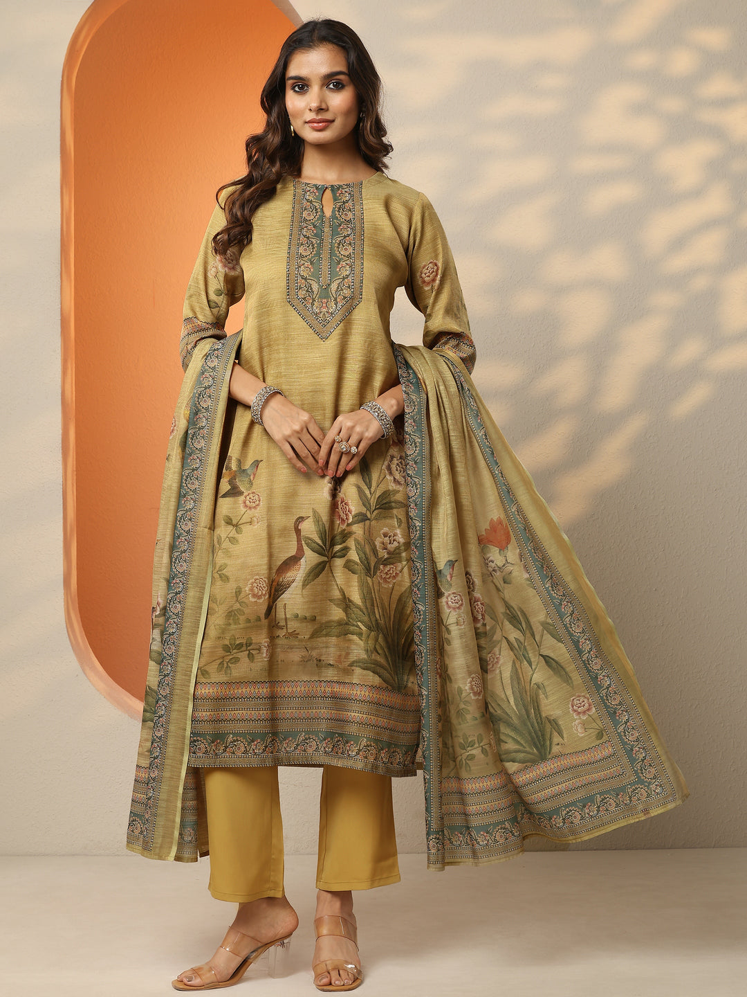 Beige Printed Silk Blend Straight Suit Set With Dupatta