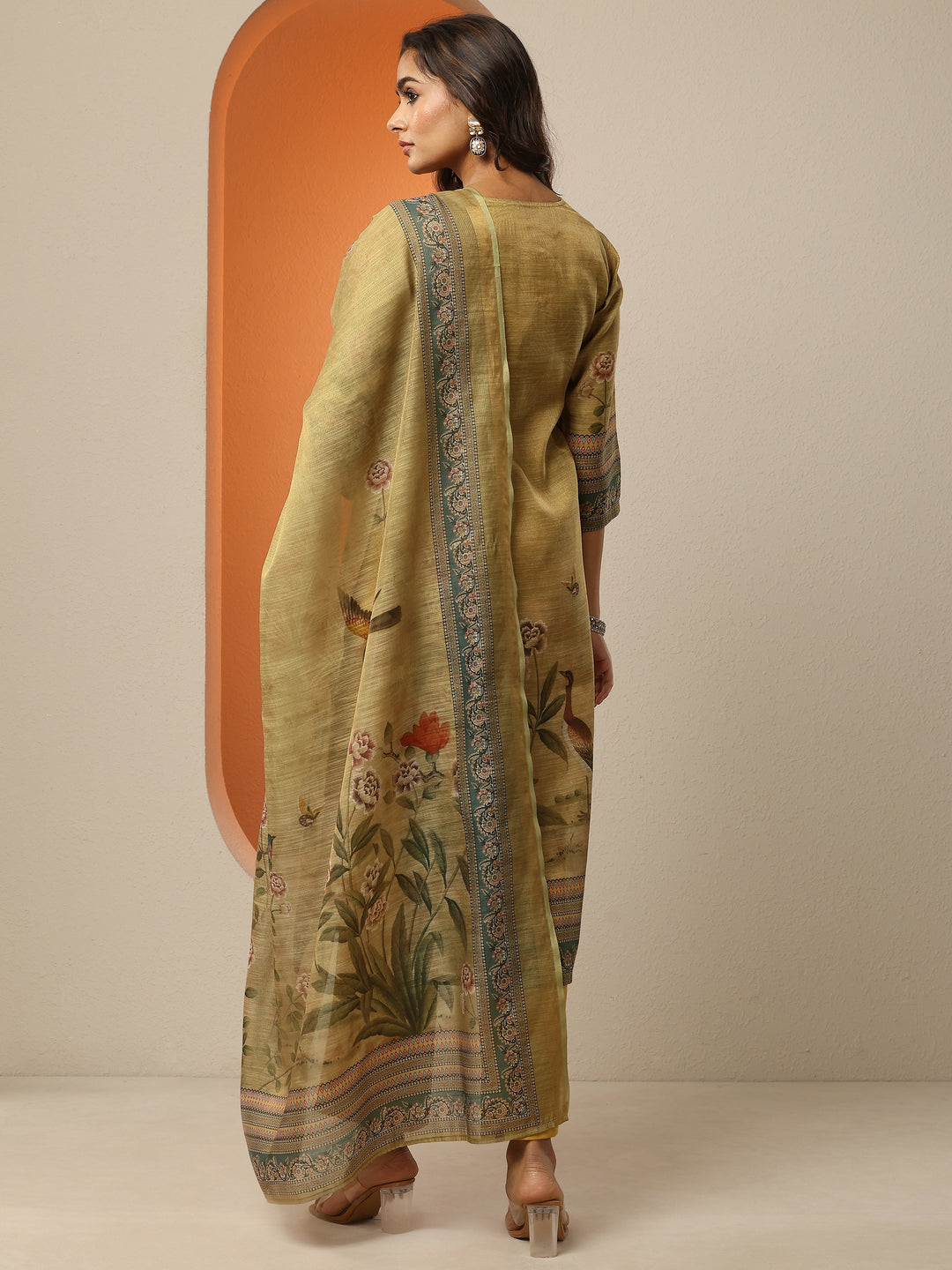 Beige Printed Silk Blend Straight Suit Set With Dupatta