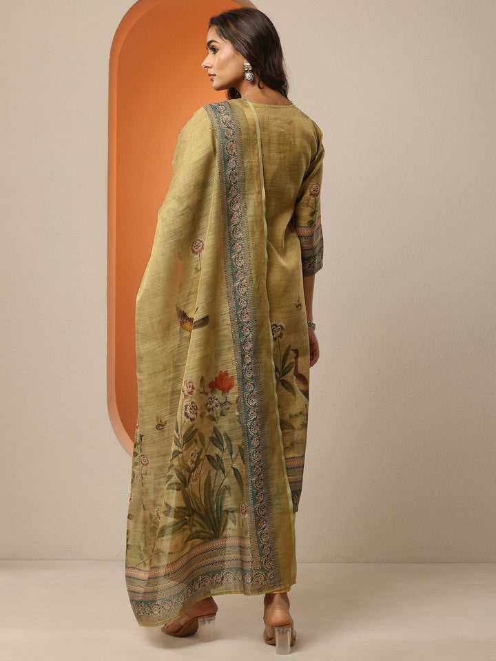 Beige Printed Silk Blend Straight Suit Set With Dupatta