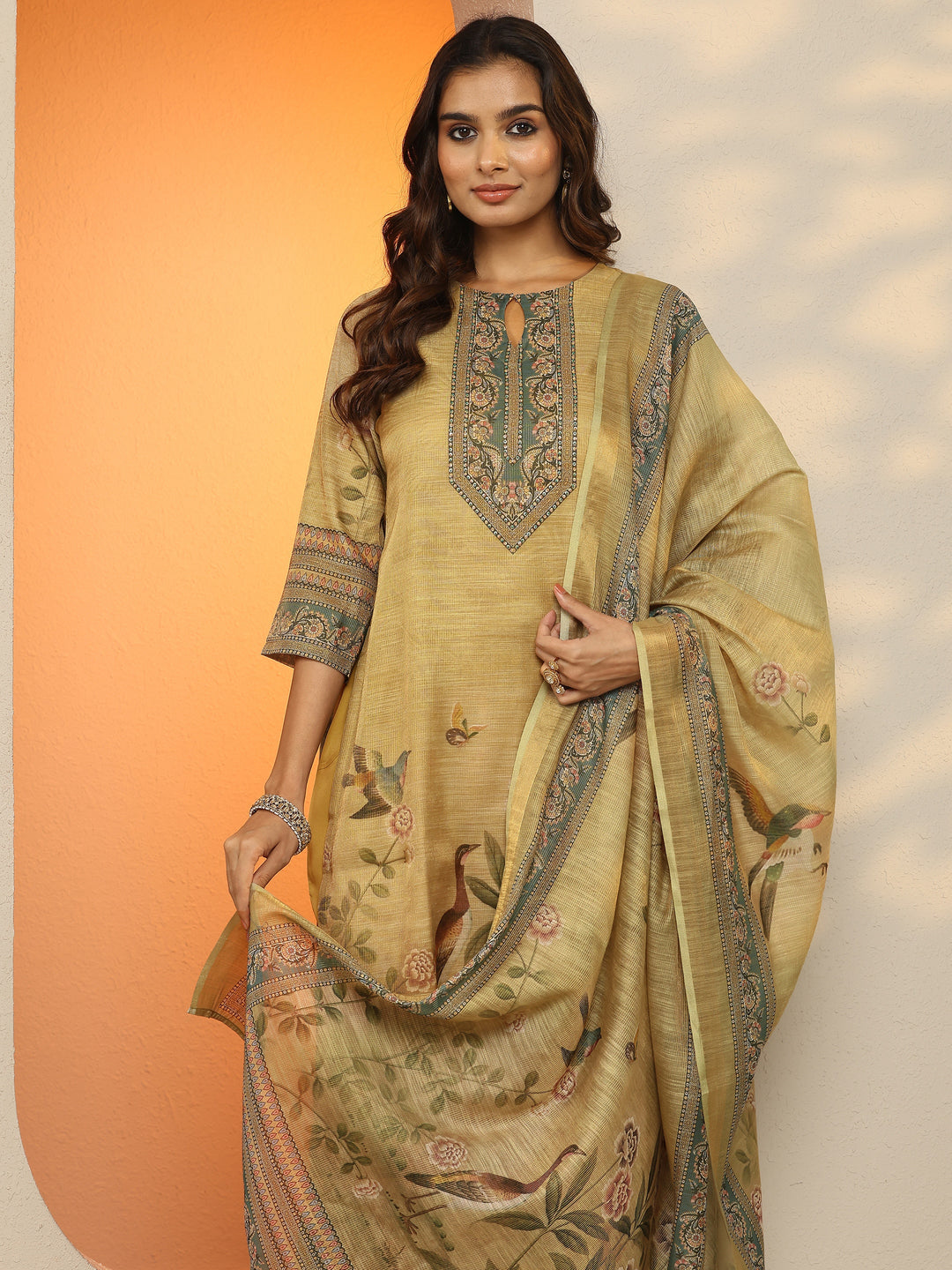 Beige Printed Silk Blend Straight Suit Set With Dupatta