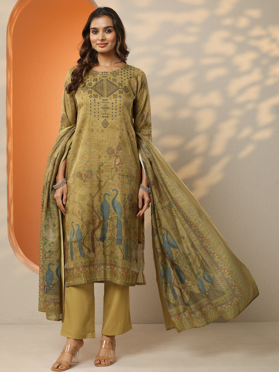 Gold Printed Silk Blend Straight Suit Set With Dupatta
