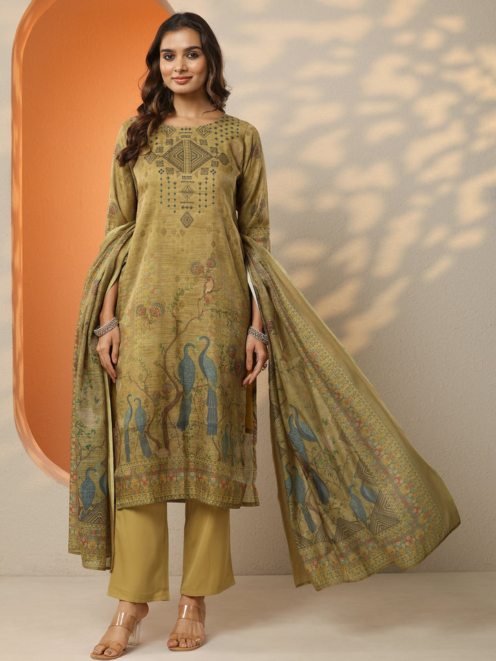 Gold Printed Silk Blend Straight Suit Set With Dupatta