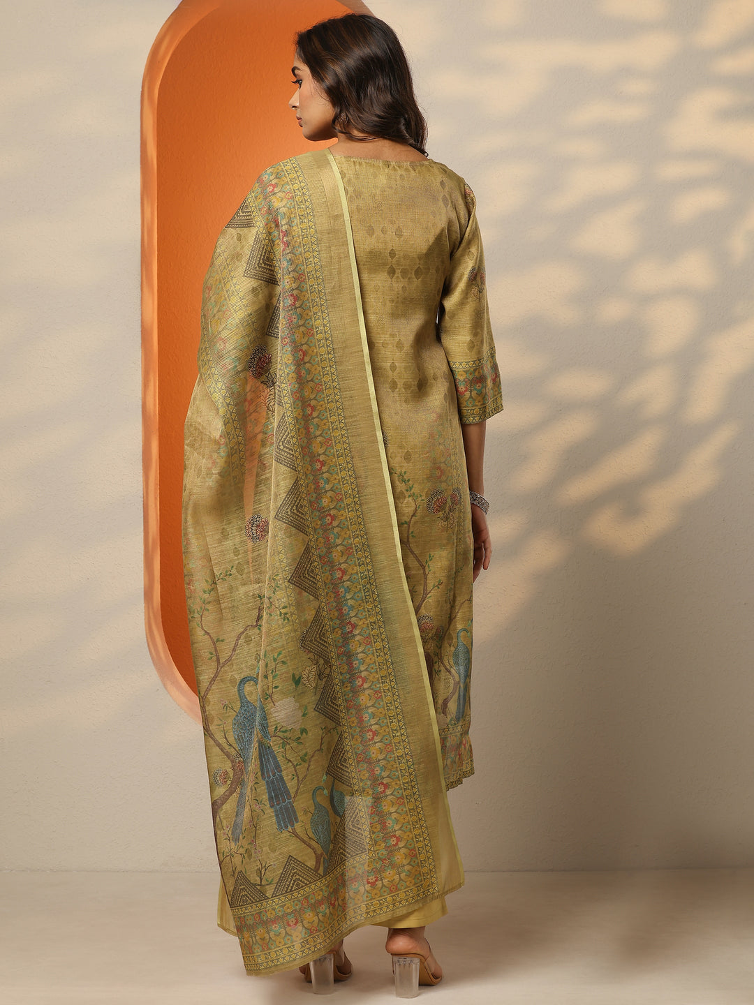 Gold Printed Silk Blend Straight Suit Set With Dupatta