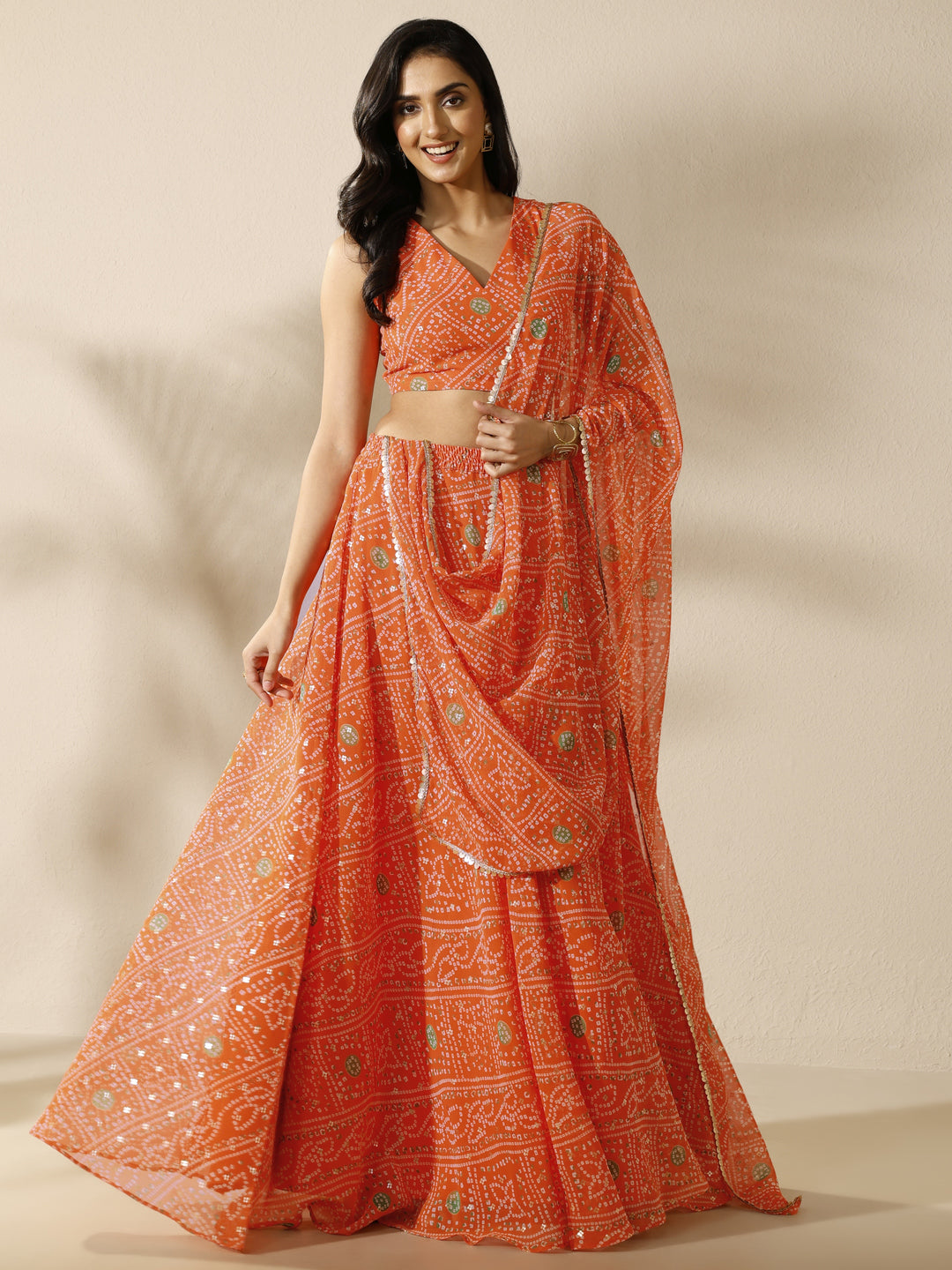 Orange Bandhani Printed Silk Chiffon Lehenga Set