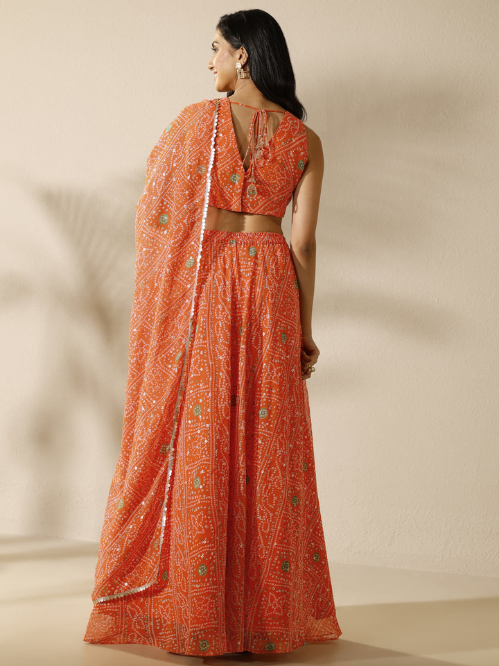 Orange Bandhani Printed Silk Chiffon Lehenga Set