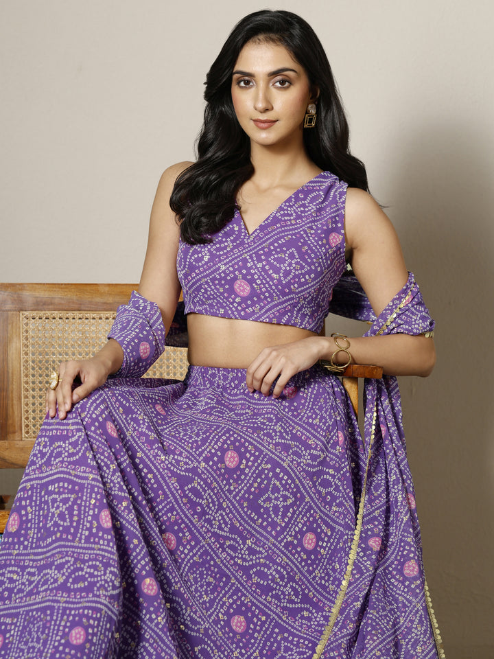 Purple Bandhani Printed Silk Chiffon Lehenga Set