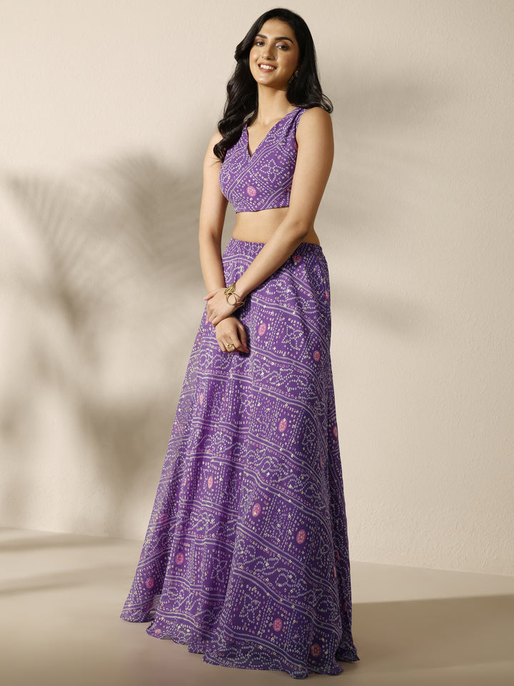 Purple Bandhani Printed Silk Chiffon Lehenga Set