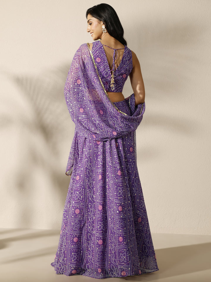 Purple Bandhani Printed Silk Chiffon Lehenga Set