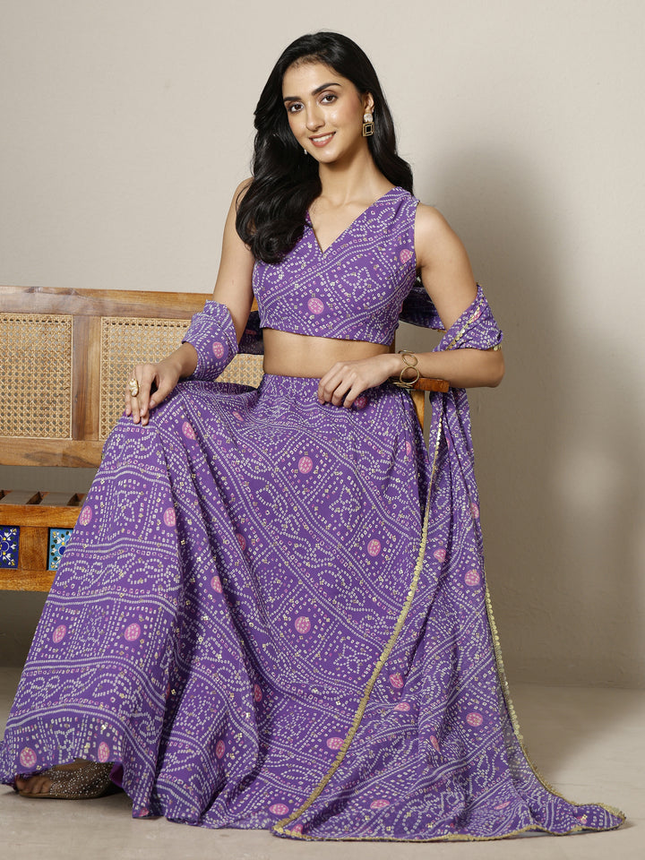 Purple Bandhani Printed Silk Chiffon Lehenga Set