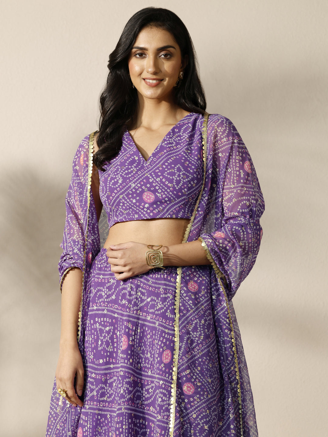 Purple Bandhani Printed Silk Chiffon Lehenga Set