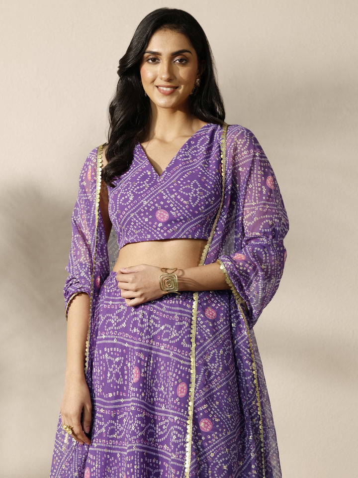 Purple Bandhani Printed Silk Chiffon Lehenga Set