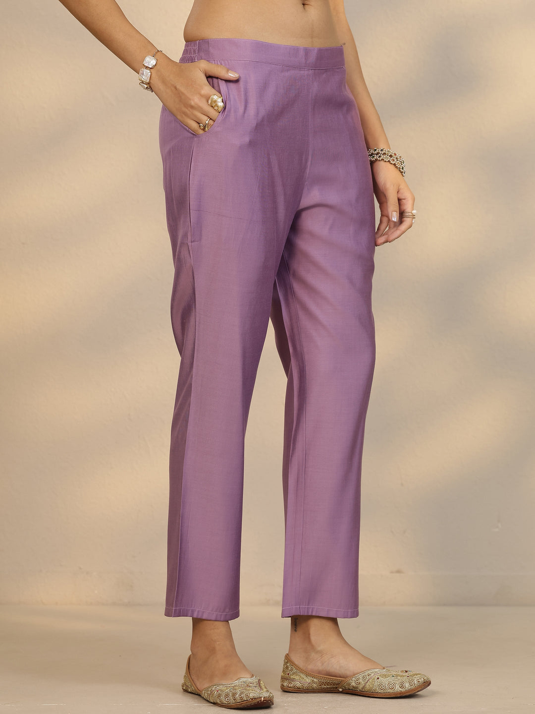 Purple Solid Silk Blend Anarkali Suit Set With Dupatta