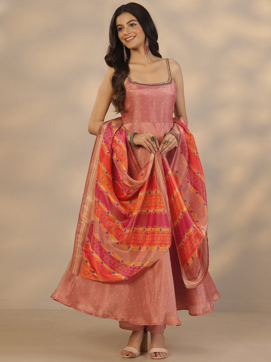 Rust Woven Design Silk Blend Anarkali Suit Set With Dupatta
