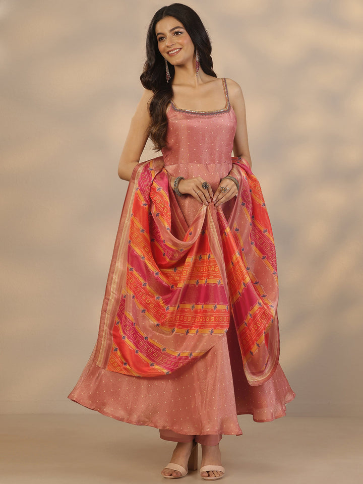 Rust Woven Design Silk Blend Anarkali Suit Set With Dupatta