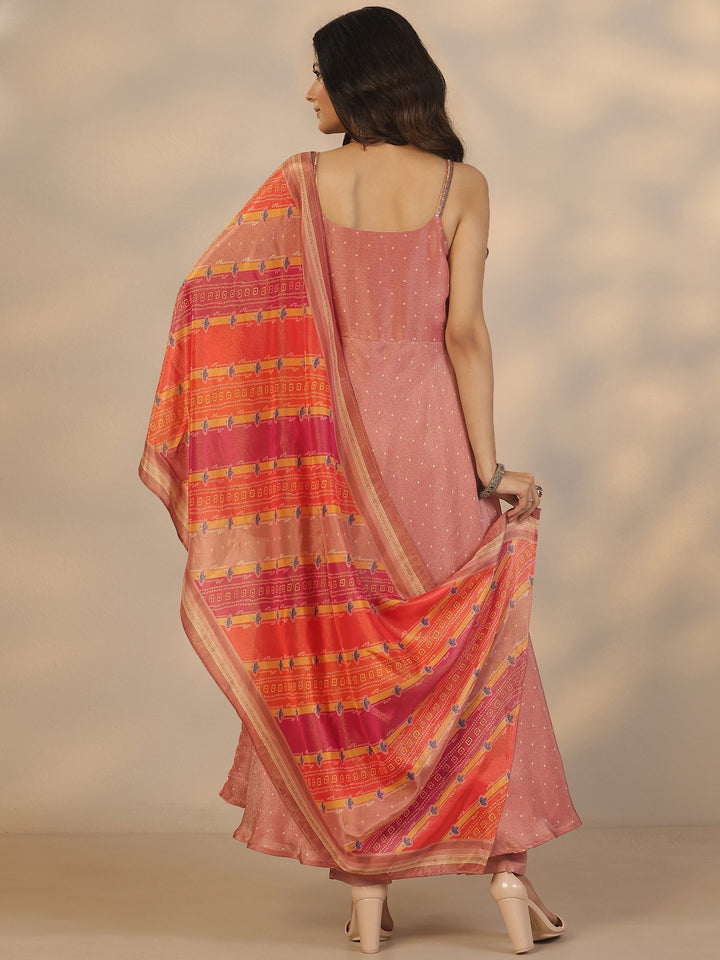 Rust Woven Design Silk Blend Anarkali Suit Set With Dupatta