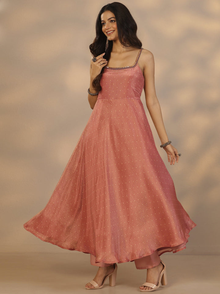 Rust Woven Design Silk Blend Anarkali Suit Set With Dupatta