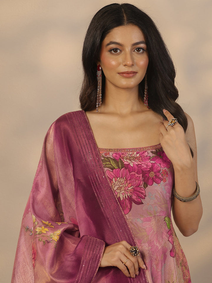 Mauve Printed Silk Blend Anarkali Suit Set With Dupatta