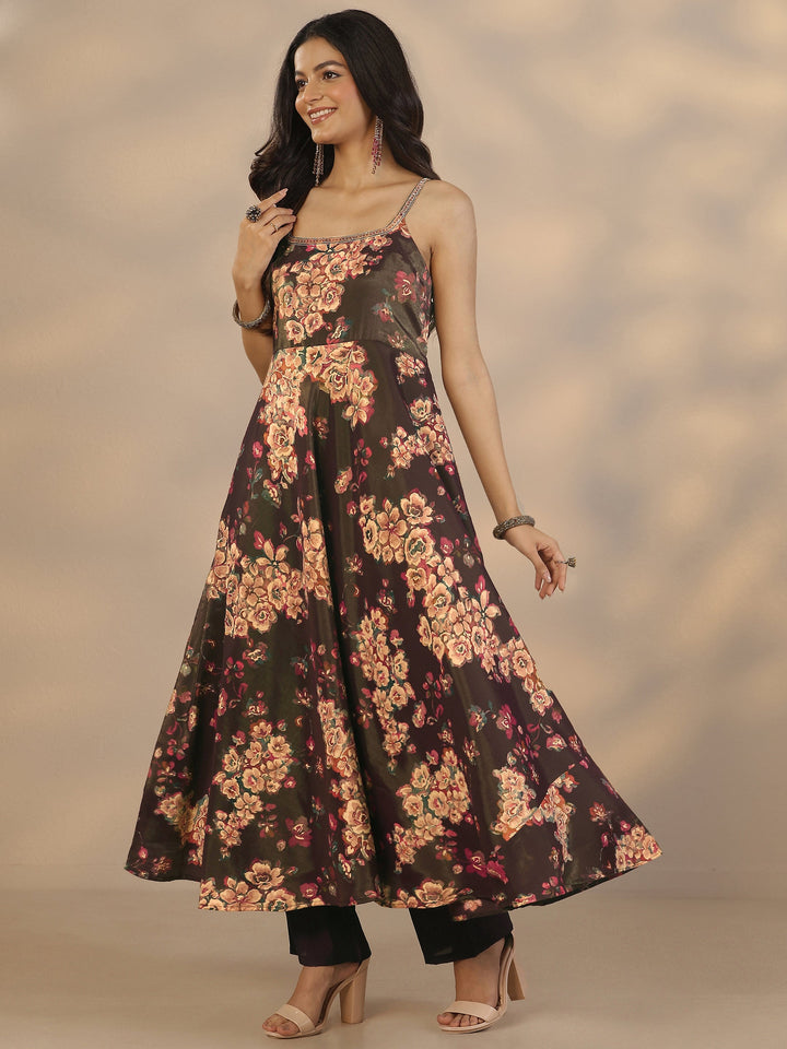 Burgundy Printed Silk Blend Anarkali Suit Set With Dupatta