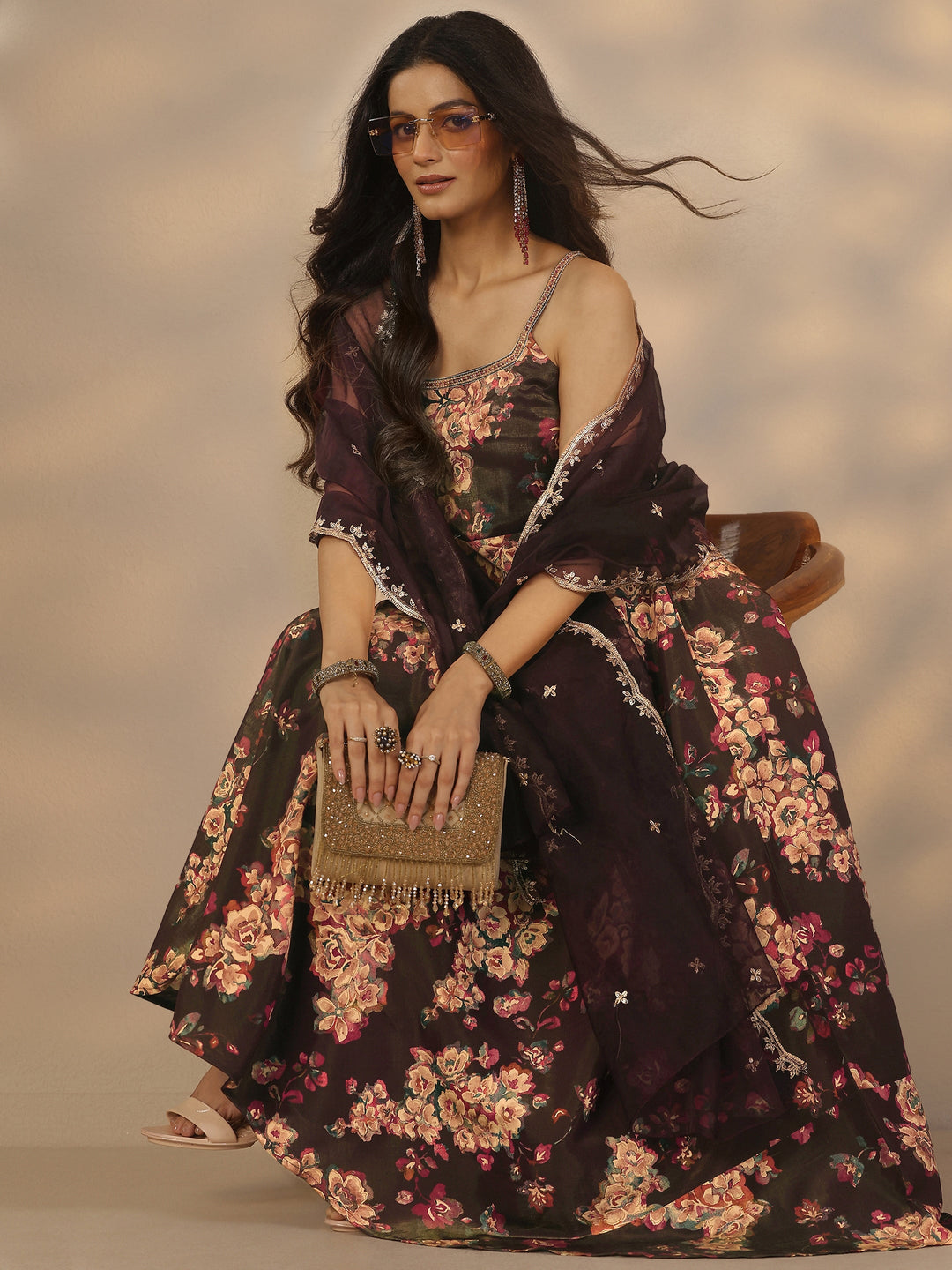Burgundy Printed Silk Blend Anarkali Suit Set With Dupatta
