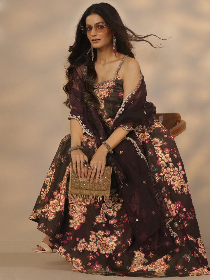 Burgundy Printed Silk Blend Anarkali Suit Set With Dupatta