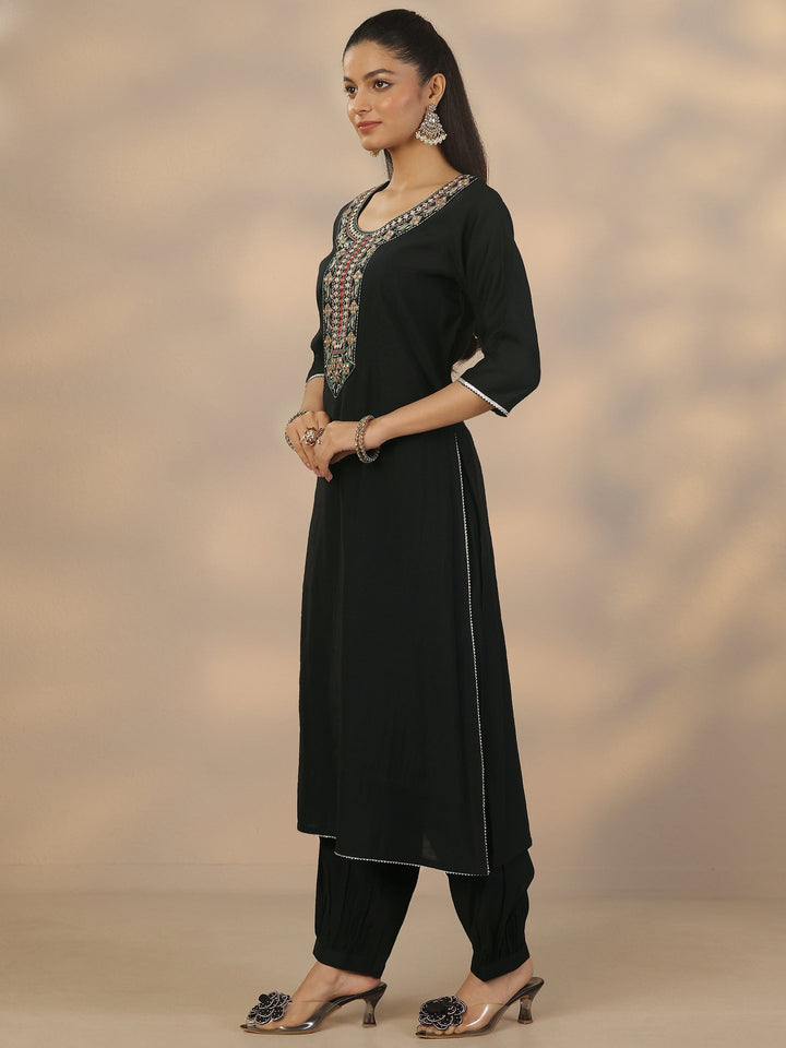 Black Yoke Design Silk Blend Straight Suit Set With Dupatta
