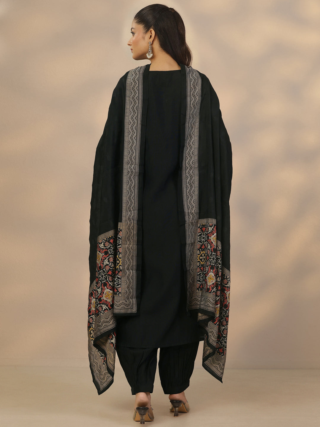 Black Yoke Design Silk Blend Straight Suit Set With Dupatta